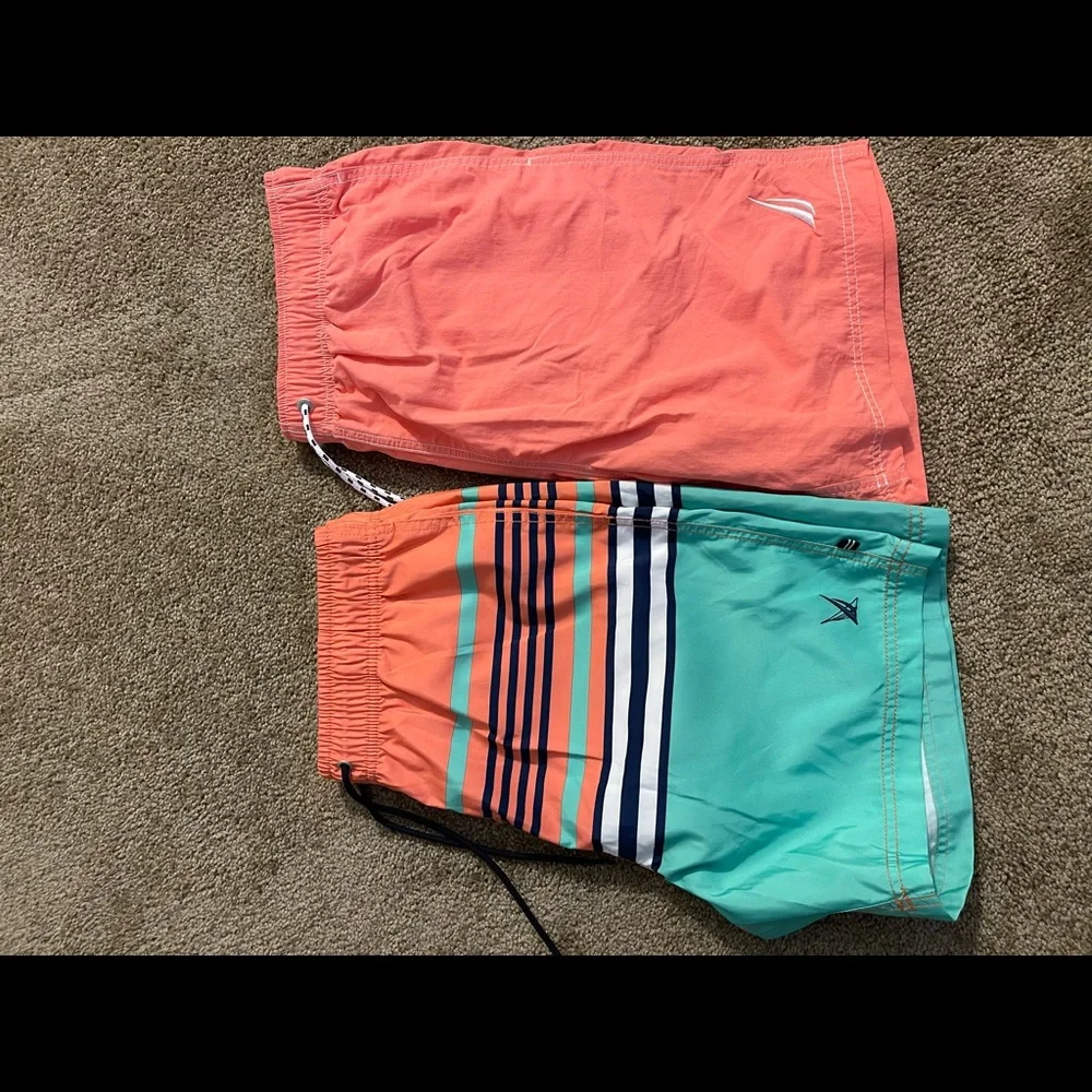 Nautica Men’s Coral and Teal Striped Swim Trunks